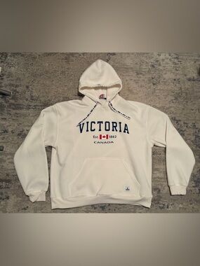 Victoria Canada Hoodie 2XL Cream Pullover Sweatshirt Graphic Logo Cozy Fleece